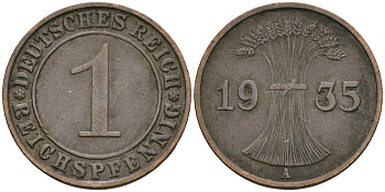 Германия 1 рейхспфенниг 1935 A KM 37, J. 313 бронза 4528-439