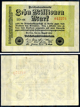 Германия 10000000 марок 1923 22 августа 1923, серия SD Pick 106 a бумага 7552-52-2-2