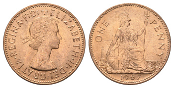 Великобритания 1 пенни 1967 Елизавета II (1952-2022) KM 897, Spink 4157 бронза UNC 4661-1012