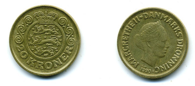 ДАНИЯ 20 КРОН 1990 МАРГАРЕТ II KM 871 алюминиевая бронза 41-1241