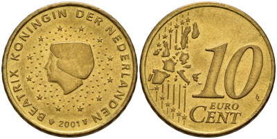 Нидерланды 10 евроцентов 2001 Беатрикс (1980-2013) KM 237 нордик  UNC  4598-222