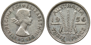 Австралия 3 пенса 1956 m, Елизавета II (1952-2022) KM 57 серебро 71-461