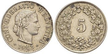 ШВЕЙЦАРИЯ 5 РАППЕНОВ 1943 В KM 26 медно-никель 4532-939