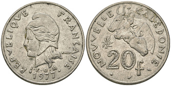 Французская Новая Каледония 20 франков 1977 три быка, (IEOM) KM 12, Schoen 14, Lec 107 никель 71-1246