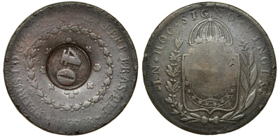 Бразилия 40 рейс 1835 провинция ICO, надчеканка на 1827 KM 444.1 медь 413-225