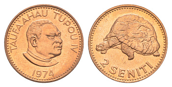 Тонга 2 сенити 1974 король Тауфа’ахау Тупоу IV (1967-2006), черепаха KM 28 бронза  UNC M68-17