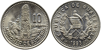 Гватемала 10 сентаво 1993 монолиты Киригуа KM 277.5 медно-никель UNC 4390-112