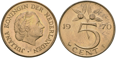 Нидерланды 5 центов 1970 Юлиана (1948-1980) KM 181 бронза 4579-626
