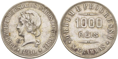 Бразилия 1000 рейс 1910 голова Свободы влево KM 507 серебро    4531-143