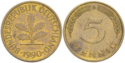 ФРГ 5 пфеннигов 1990 G KM 107, J. 382 сталь плакированная латунью 4514-1125