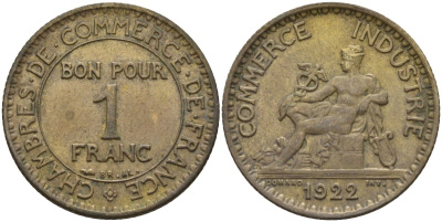 Франция 1 франк 1922 KM 876, Le Franc 218.5 алюминиевая бронза 4142-635