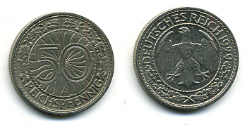 Германия 50 рейхспфеннигов 1929 А KM 49, J. 324 никель 58-527