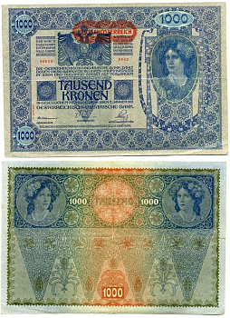 АВСТРИЯ 1000 КРОН 1919 ГОРИЗОНТАЛЬНАЯ НАДПЕЧАТКА НА 1902 Pick 57а бумага 7146-15-2-1