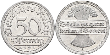Германия 50 пфеннигов 1921 A KM 27, J.301, Weege 10 алюминий UNC 4584-827