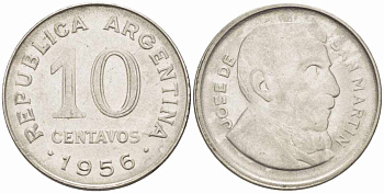 Аргентина 10 сентаво 1956 генерал Хосе де Сан Мартин KM 51 сталь плакированная никелем 105-556