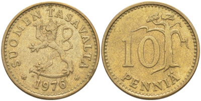 Финляндия 10 пенни 1976 К KM 46 алюминиевая бронза 219-1153