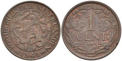 Нидерланды 1 цент 1941 Вильгельмина (1890-1948) KM 152 бронза 4592-851