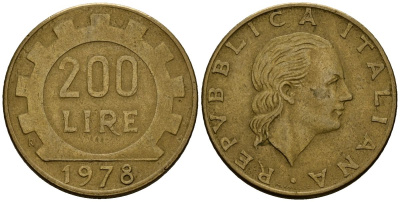 Италия 200 лир 1978 KM 105 алюминиевая бронза 4176-255