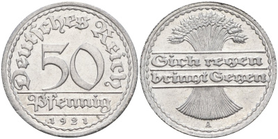 Германия 50 пфеннигов 1921 A KM 27, J.301, Weege 10 алюминий UNC 4584-827