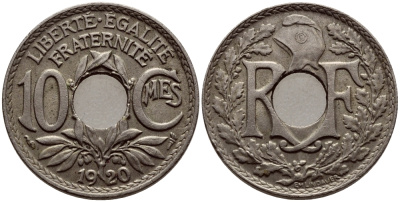 ФРАНЦИЯ 10 САНТИМОВ 1920 ТИП ЛИНДАЙЁ KM 866а медно-никель 08-1141
