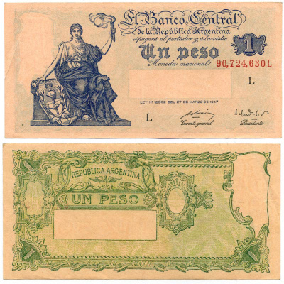 АРГЕНТИНА 1 ПЕСО 1949 СЕРИЯ l, НОМЕР 90724, РОЗОВАЯ БУМАГА, ПОДПИСИ JUAN H. BOSIO - ALFREDO GOMEZ MORALES Pick 257, Bottero 1836 бумага 8613-40-2-2