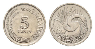 Сингапур 5 центов 1980 большая белая цапля KM 2 медно-никель UNC 4625-1061