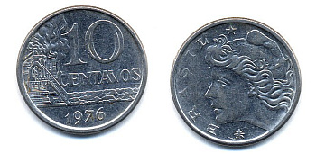 Бразилия 10 сентаво 1976 KM 578.1a, Schon 83b нержавеющая сталь 51-4525