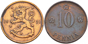 Финляндия 10 пенни 1921 республика (1918-1962) KM 24 медь 4548-256