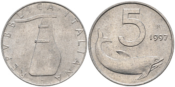Италия 5 лир 1997 R, дельфин KM 92 алюминий  UNC  4594-661