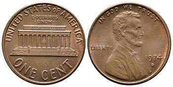 США 1 ЦЕНТ 1974 D, ЛИНКОЛЬН KM 201 медь цинк 4364-856