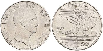 ИТАЛИЯ 50 ЧЕНТЕЗИМО 1940 R, ГОД XVIII, ВИКТОР ЭММАНУИЛ III (1900-1946), немагнитная, ГУРТ РИФЛЁНЫЙ KM 76а, VEM3. 1062a) нержавеющая сталь 3853-254
