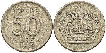 Швеция 50 эре 1954 TS, Густав VI Адольф (1950-1973) KM 825 серебро 4148-931