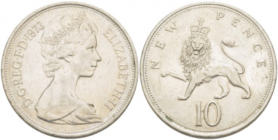 Великобритания 10 пенсов 1973 Елизавета II (1952-2022) KM 912, Spink 4231 (F1) медно-никель  215-416