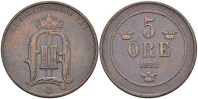 Швеция 5 эре 1882 Оскар II (1872-1907) король Швеции и Норвегии KM 736 бронза 4557-512