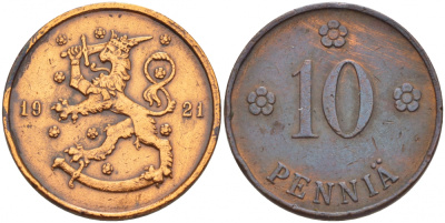 Финляндия 10 пенни 1921 республика (1918-1962) KM 24 медь 4548-256