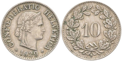 Швейцария 10 раппенов 1929 B KM 27 медно-никель     3309-422