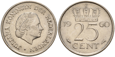 Нидерланды 25 центов 1960 Юлиана (1949-1980) KM 183 никель    4598-362