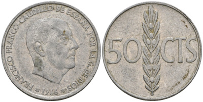 Испания 50 сентимо 1966 (67) Франсиско Франко (1939-1975) KM 795 алюминий 4388-437