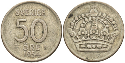 Швеция 50 эре 1954 TS, Густав VI Адольф (1950-1973) KM 825 серебро 4148-931