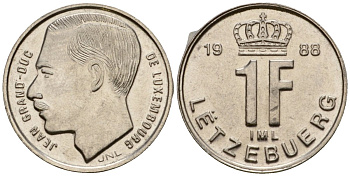 Люксембург 1 франк 1988 KM 63 сталь плакированная никелем 4602-154