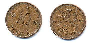 Финляндия 10 пенни 1934 республика (1918-1962) KM 24 медь 51-5347