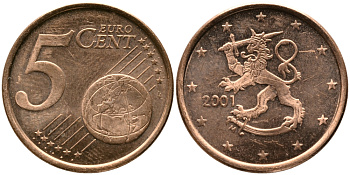 ФИНЛЯНДИЯ 5 ЕВРОЦЕНТОВ 2001 М KM 100 сталь плакированная медью 34-311