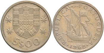 ПОРТУГАЛИЯ 5 ЭСКУДО 1968 ПАРУСНИК KM 591 медно-никель 4561-746