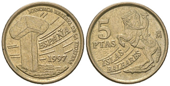 Испания 5 песет 1997 M, Балеарские острова KM 981 алюминиевая бронза 4618-522