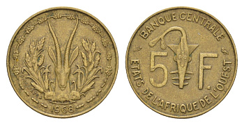 Западная Африка (BCEAO) 5 франков 1968 KM 2a медь алюминий никель 4655-766