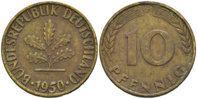ФРГ 10 ПФЕННИГОВ 1950 F KM 103, J. 378 сталь плакированная латунью 4514-1154