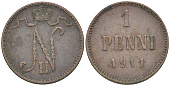 Россия для Финляндии 1 пенни 1911 Николай II (1894-1917) KM 13, Биткин 471 медь 4396-1338