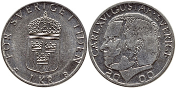 Швеция 1 крона 2000 Карл XVI Густав (1973- ) KM 852а медно-никель 4379-211