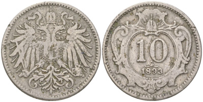 Австрия 10 геллеров 1893 Франц Иосиф I (1848-1916) KM 2802 никель 4613-1158