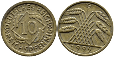 ГЕРМАНИЯ 10 РЕЙХСПФЕННИГОВ 1929 G, KM 40, J. 317 алюминиевая бронза 4390-842